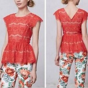 Anthropologie Katrine Red Raw Lace Cap Sleeve Peplum Blouse Party Gift Summer